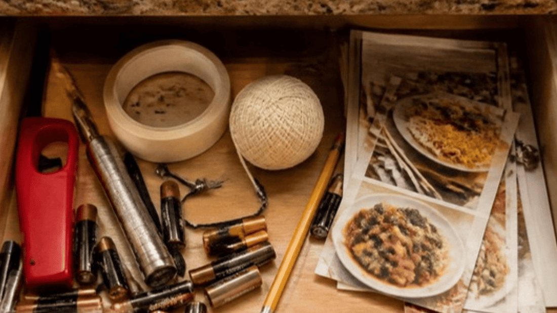 An open kitchen junk drawer with batteries, a lighter, tape, string and a flashlight
