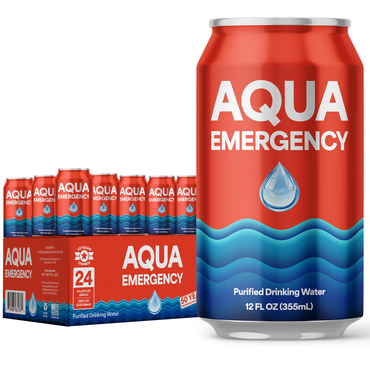 Aqua Emergency 24-pack case of 12 oz canned purified drinking water beside a single red can