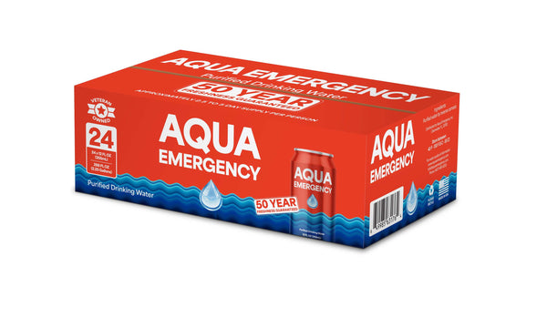 Aqua Emergency 24-pack case of 12 oz canned drinking water, 2.25 gallons, up to 50 year freshness guaranteed, made in USA