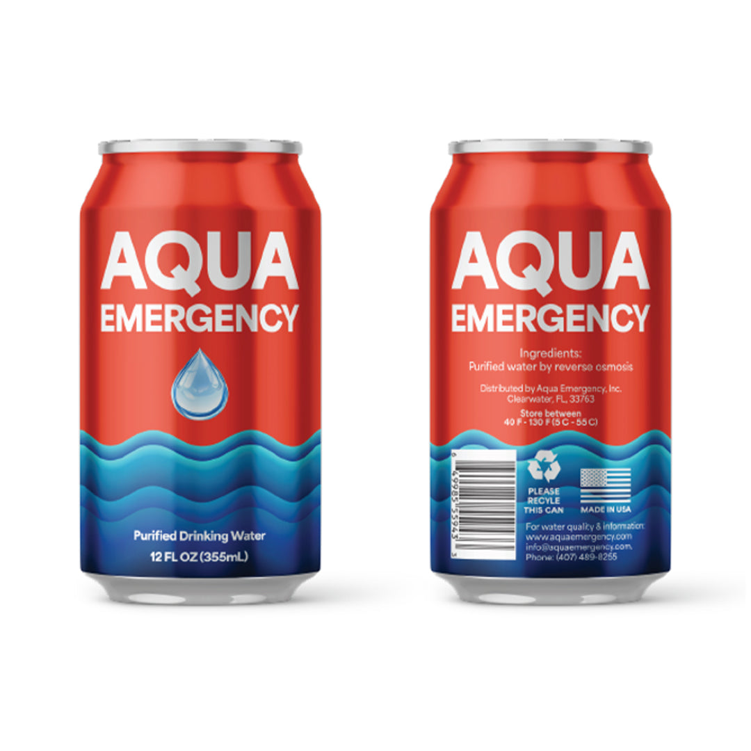 Front and back of an Aqua Emergency 12 oz can of purified drinking water, purified by reverse osmosis, store between 40 F and 130 F, made in USA