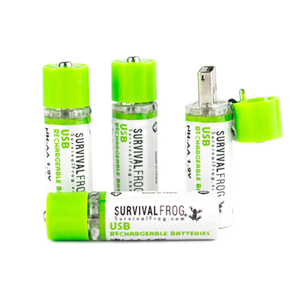 USB Rechargeable Batteries 3 standing with one cap open the other laying sideway