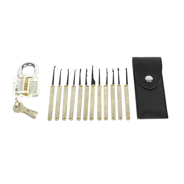 Lock Pick Set with all pieces laid out on white background