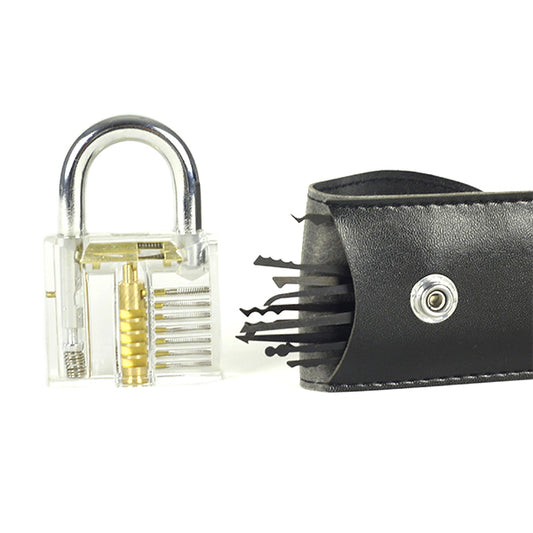 Close up on Lock Pick Set with clear practice lock and leather case