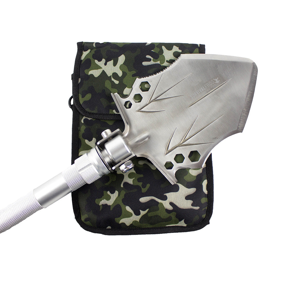Tactical Shovel close up on head laying on camo bag
