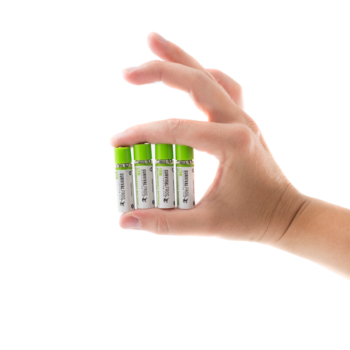 Four USB Rechargeable Batteries holding between 2 fingers