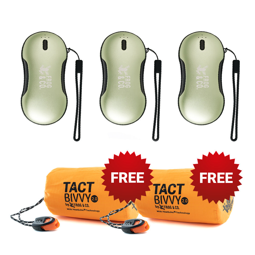 3 QUICKHEAT ELECTRIC HAND WARMER PRO + 2 TACT BIVVY EMERGENCY SLEEPING BAG