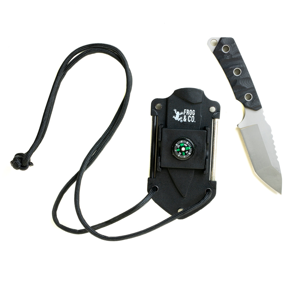 Neck knife with lanyard and knife outside of sheath